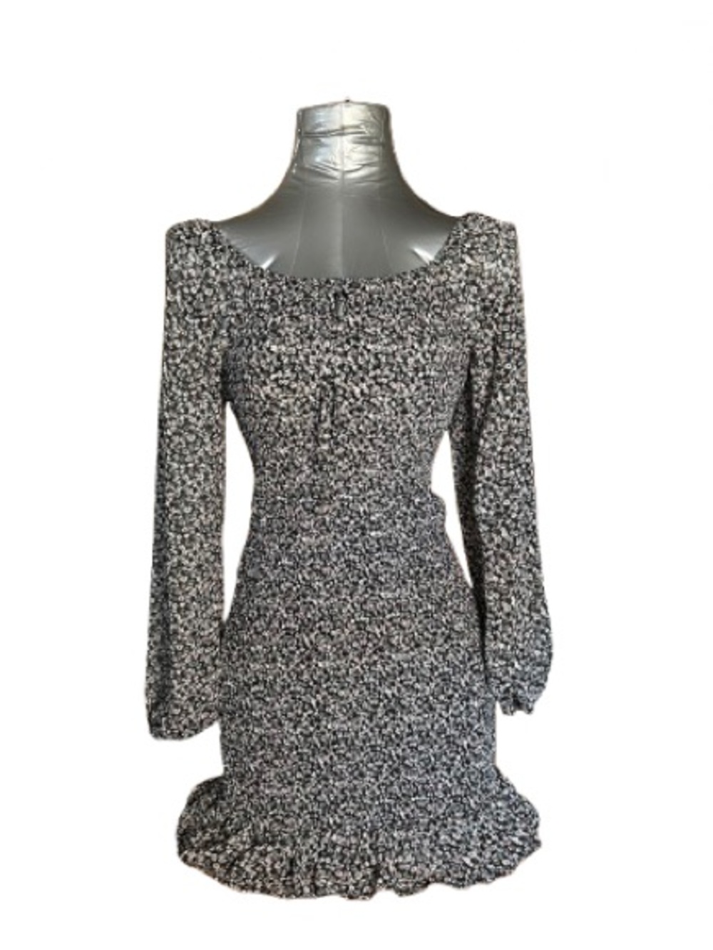 Active USA Black and White Floral Long-Sleeve Smocked Dress